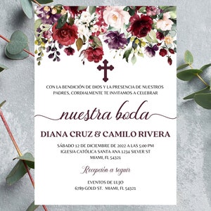 Invitación Boda Floral Editable, Invitación Electrónica Matrimonio, Floral Catholic Wedding Spanish Invite, Invitación Digital Boda