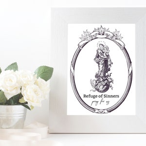 Refuge of Sinners Pray For Us Digital Download, Virgin Mary Vintage Digital Art, Catholic Vintage Printable, Catholic Digital Art