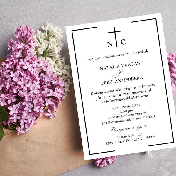 Invitación Boda Minimalista Cruz Editable, Invitación Digital Matrimonio, Tarjeta Boda Católica, Catholic Wedding Spanish Invite