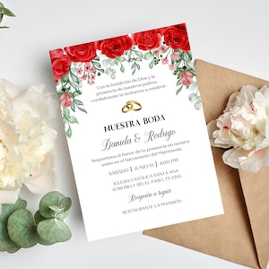 Invitación Boda Floral Roja Editable、Invitación Electrónica Matrimonio、Red Floral Catholic Wedding Spain Invite、Invitación Digital Boda