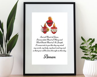 Three Hearts Prayer, Three Hearts Printable, Catholic Wall Decor, Catholic Print Art, Three Hearts Wall Art, Holy Family Consecration Art