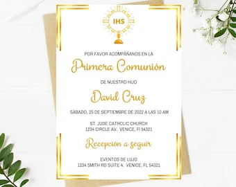 Primera Comunión Invitación Electronica Dorada, Mi Primera Comunión Invitación Digital, Gold First Holy Communion Spanish Invitation