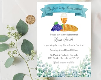 Invitación para la Primera Comunión de Niños: Sacramento Católico Editable (Canva)