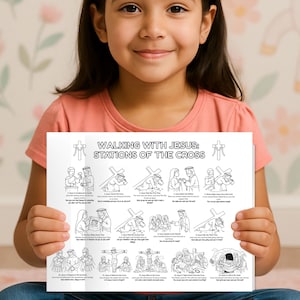 May include: A young girl holds a black and white illustrated print titled "Walking with Jesus: Stations of the Cross." The print depicts scenes from the crucifixion, with text below each image. The girl is wearing a pink shirt and blue jeans.