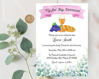 First Holy Communion Invitation Girl: Editable Canva Template (Digital Download)