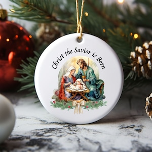 Christ The Savior is Born Ceramic Ornament, Watercolor Nativity Ornament, Holy Family of Nazareth Ornament, Catholic Christmas Ornament