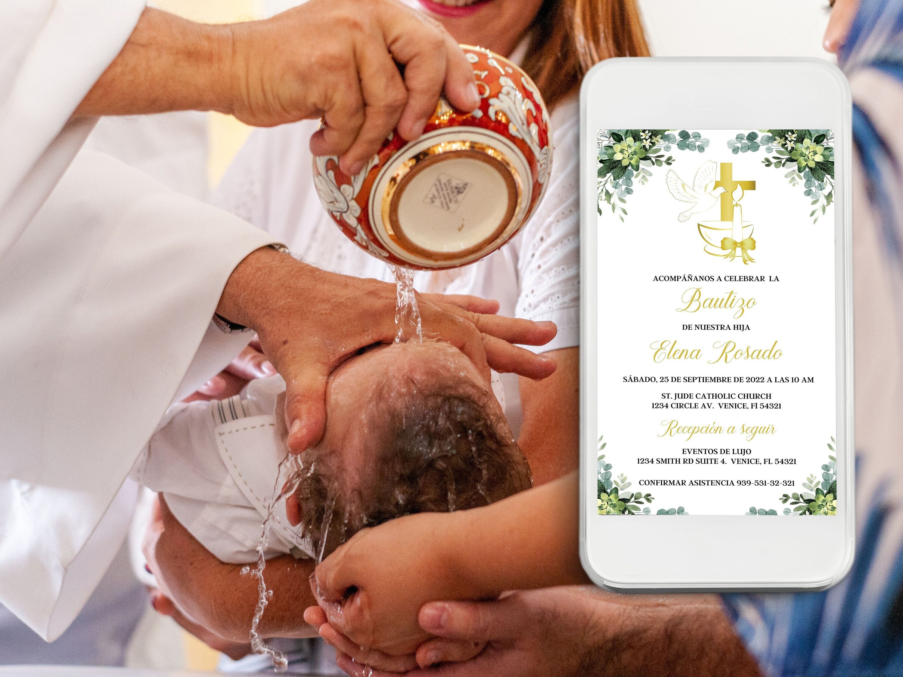Bautizo Invitación Electronica, Sacramento de Bautismo Tarjeta Digital, Baptism Spanish Invitation, Invitación Bautizo Boho Editable Canva