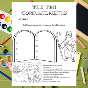 May include: Black and white printable worksheet with the title "The Ten Commandments". The worksheet features a coloring page of Moses holding the Ten Commandments, and a table for children to write the commandments in order.