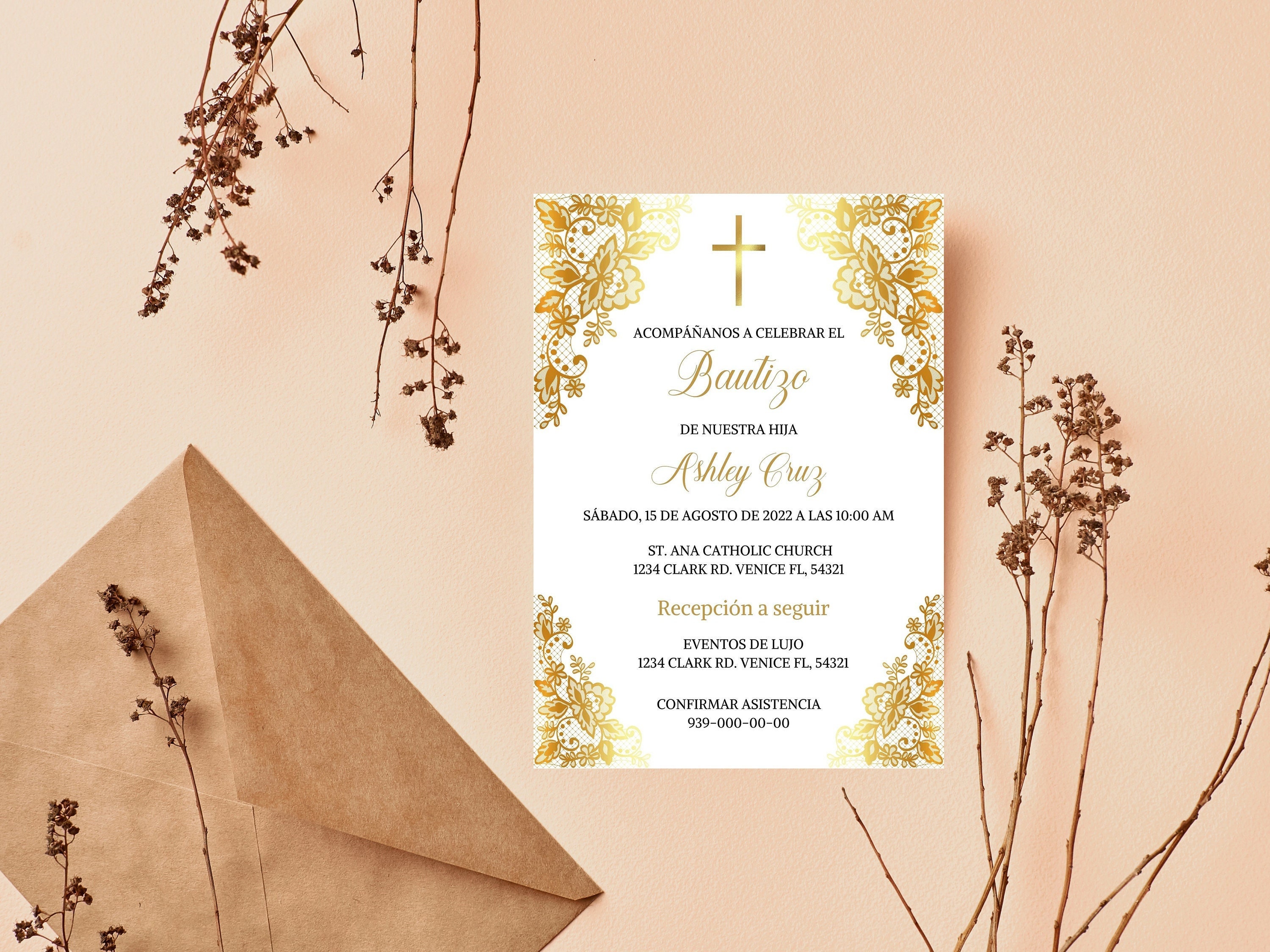 Bautizo Invitación Digital Dorada, Sacramento de Bautismo Tarjeta Digital, Baptism Spanish Invitation, Invitación Bautizo Editable Canva