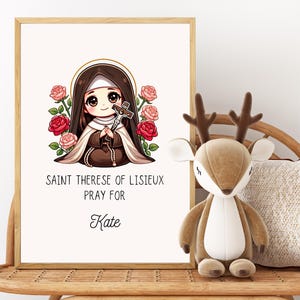 Chibi Heilige Therese Von Lisieux Benutzerdefinierter Name zum Ausdrucken, personalisierte St. Therese Von Lisieux Wanddekor, auf Glauben basierender Druck für Kinderzimmer