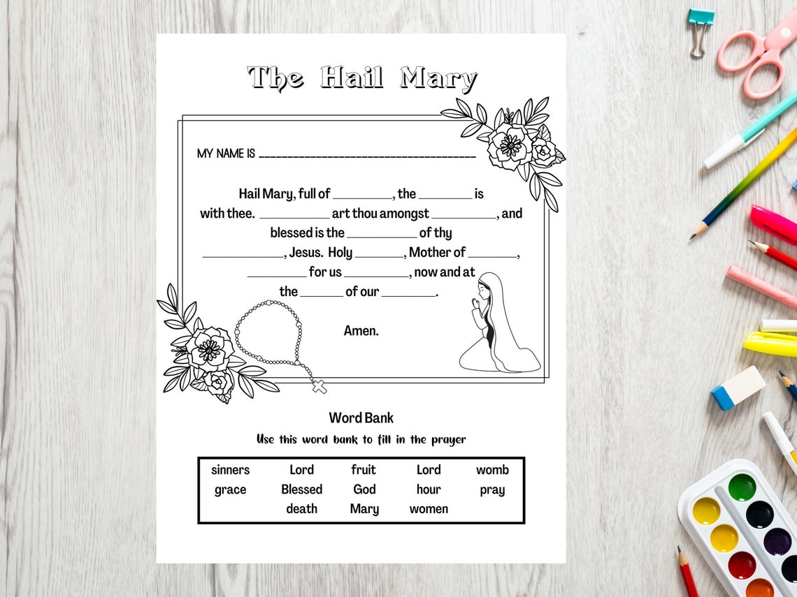 The Hail Mary Prayer Coloring Page for Kids Catholic - Etsy