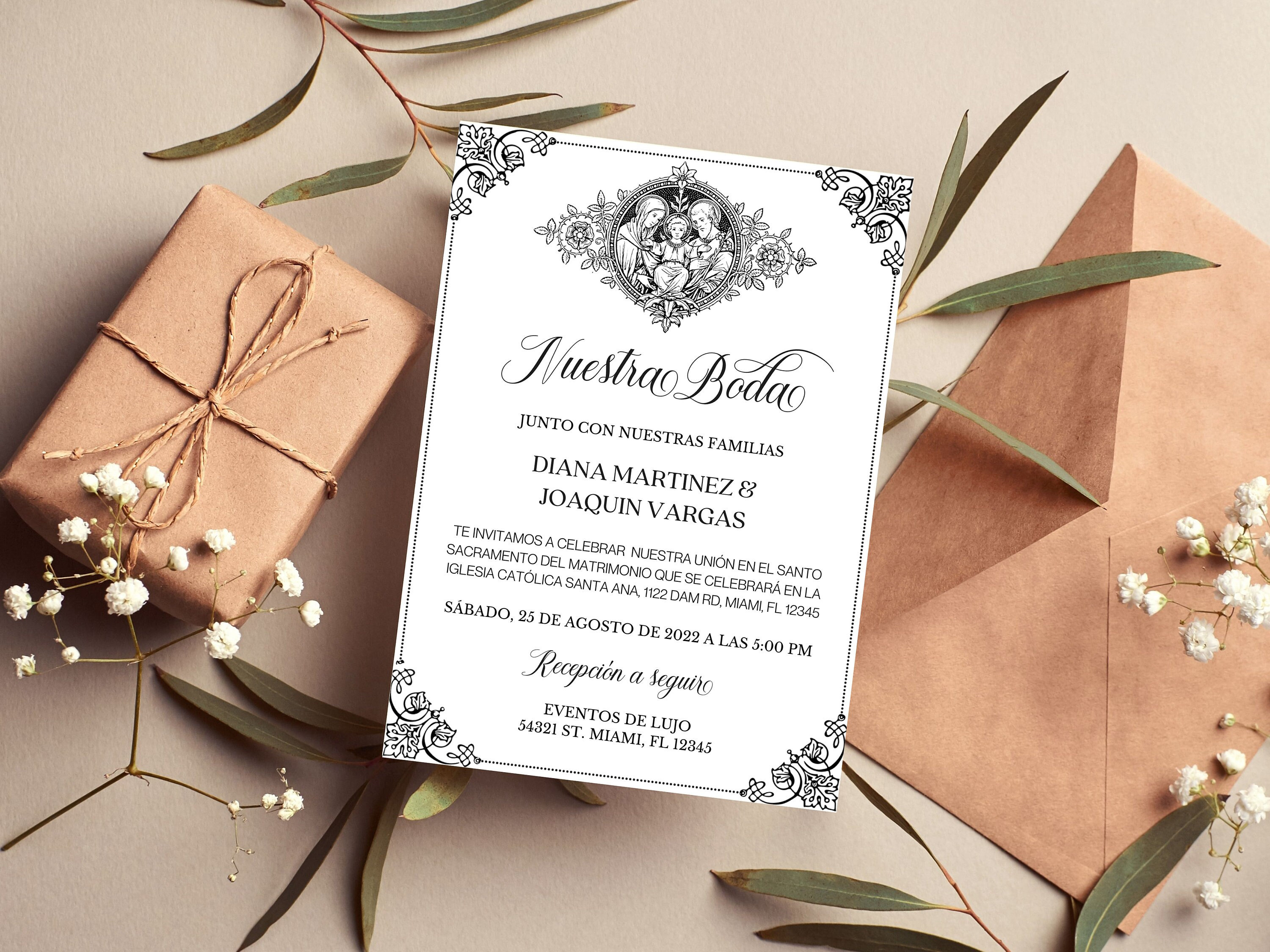 Plantilla de invitación de boda católica vintage (descarga digital) - Etsy  México, image size:3000x2250