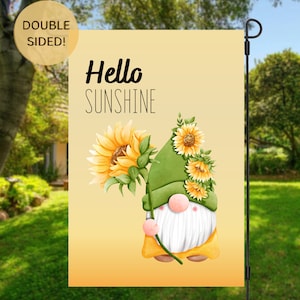 Hello Sunshine Garden Flag  | Double Sided | Summer Flag |  Yard Display |  Porch Decor | Gnome  Flag | Gnome Garden Flag | Welcome Flag