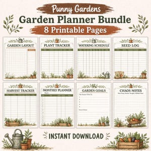 Op de afbeelding: Een digitale tuinplannerbundel met acht afdrukbare pagina's. De pagina's bevatten lay-outs voor tuinplanning, plantentracking, bewateringsschema's, zaadlogs, oogsttracking, maandplanning, tuindoelen en chaosnotities. De tekst "Punny Gardens" en "Instant Download" zijn zichtbaar.