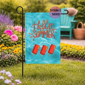 Hello Summer ガーデンフラッグ | 両面 | サマーフラッグ | 庭のディスプレイ | ポーチの装飾 | アイスキャンディーフラッグ | ウェルカムフラッグ | ウォーターフラッグ