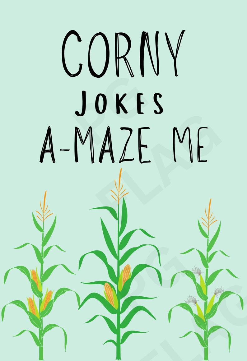 May include: A light blue background with the text "CORNY JOKES A-MAZE ME" in black. Three corn stalks with green leaves and yellow corn cobs are shown.