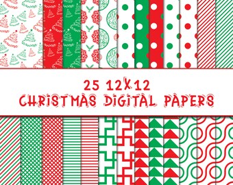 May include: A collection of 25 12x12 Christmas digital papers featuring various patterns in red, green, and white. Designs include Christmas trees, polka dots, stripes, geometric shapes, and circular motifs with the text 25 12x12 Christmas Digital Papers.