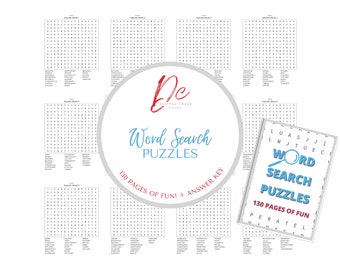 May include: A collection of word search puzzle pages featuring black text on white backgrounds. A central circular logo displays the text DC Digital Craze Word Search Puzzles 130 Pages of Fun + Answer Key. A book cover shows the title Word Search Puzzles.
