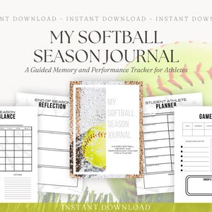 Op de afbeelding: Een softbalseizoenjournaal met de titel "MY SOFTBALL SEASON JOURNAL" en de ondertitel "Een geleide geheugen- en prestatietracker voor atleten". Het journaal bevat pagina's voor de voorbereiding, wedstrijdlogs en seizoensreflectie.