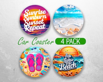 Summer Beach Car Coaster PNG Vacation Summer  Car Coaster Sublimation Designs Tropical Ocean Car Coaster Designs Car Coasters Bundle