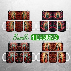Diseño de sublimación de tazas de 11 oz y 15 oz Envoltura de taza Virgen de Guadalupe PNG Diseños de envoltura de taza de Virgen de Guadalupe Paquete completo de envoltura de taza Taza de café PNG
