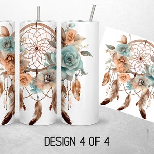 May include: White tumbler with a design of a dreamcatcher with feathers and flowers in shades of blue, brown, and peach. The design is centered on the tumbler.