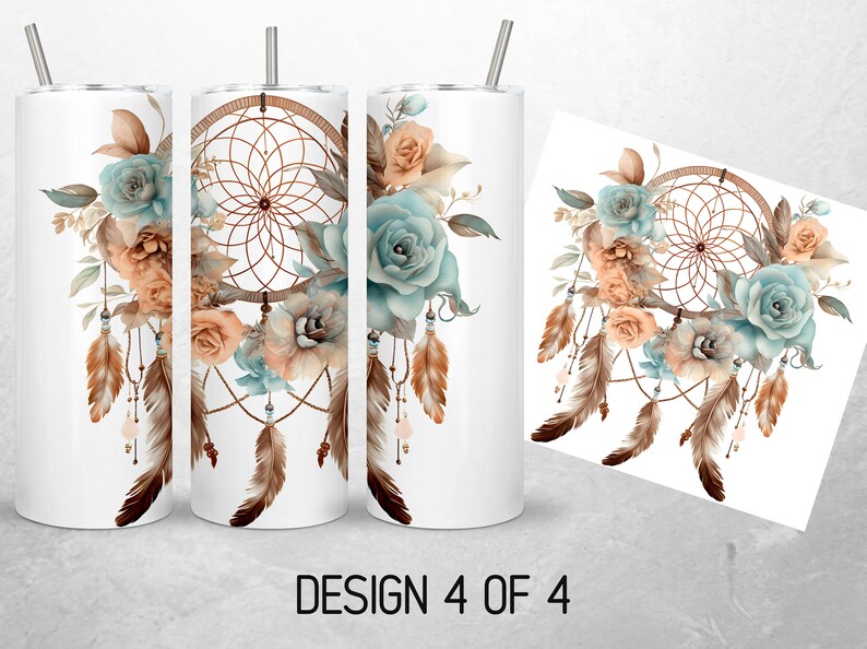 May include: White tumbler with a design of a dreamcatcher with feathers and flowers in shades of blue, brown, and peach. The design is centered on the tumbler.