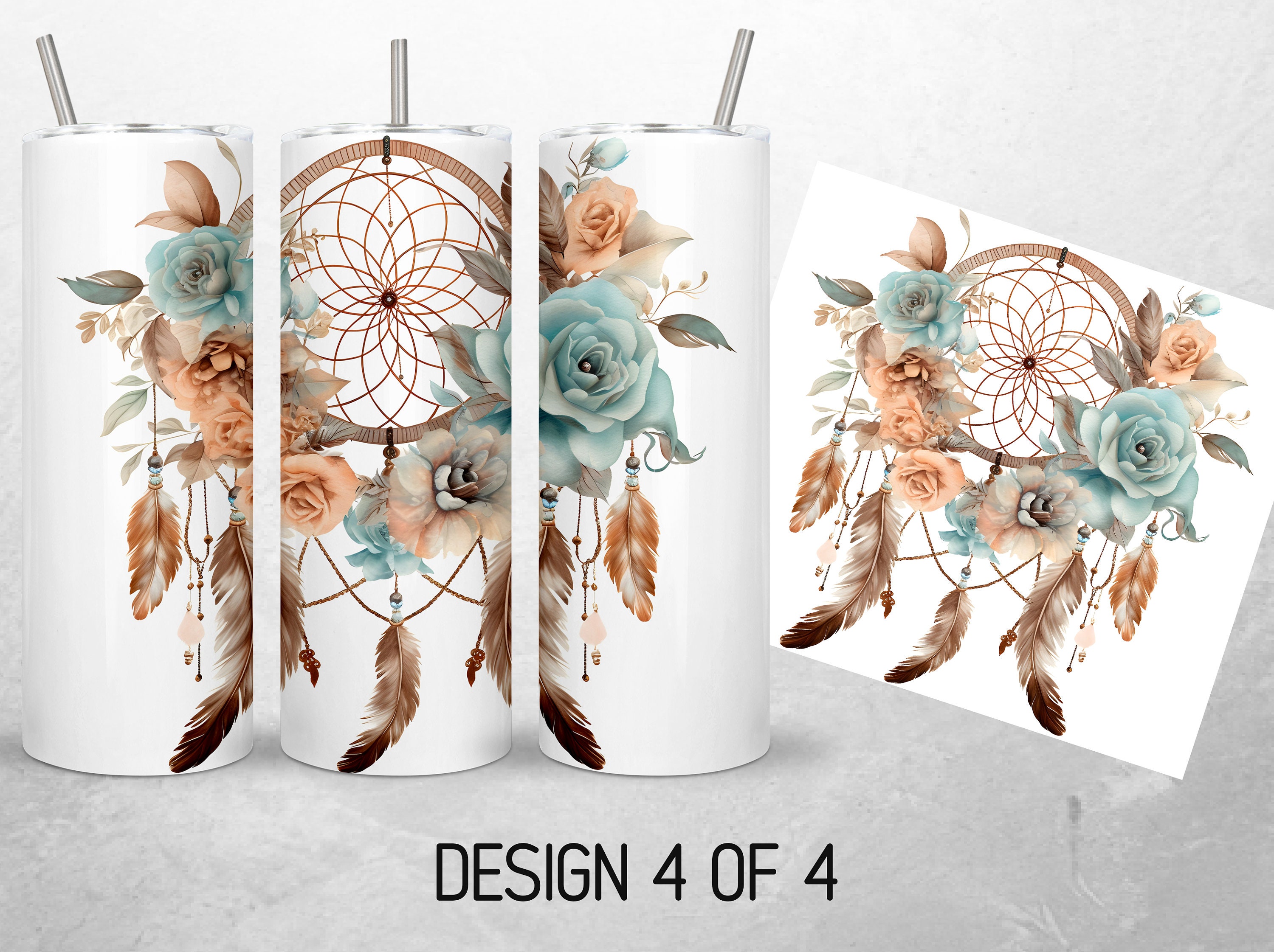 Dreamcatcher Tumbler Wrap Watercolor Boho Tumbler Wrap Feathers Flowers ...