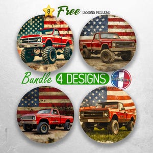 May include: Four designs of red pickup trucks with American flag backgrounds. The trucks are all red with white wheels and are driving on a dirt road. The flags are all faded and distressed.