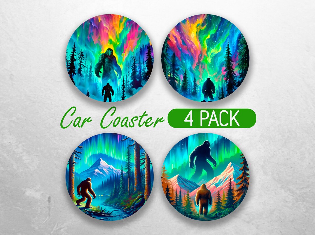 Bigfoot Car Coaster PNG Yeti Northern Lights Car Coaster Sublimation