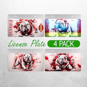 May include: Four pack of metal license plates featuring a white bulldog with red, blue, and green accents. The bulldog is wearing a red and black jersey with the letter "G" on it. The plates have a white background with a watercolor effect. The text "License Plate 4 PACK" is printed on the bottom of the image.