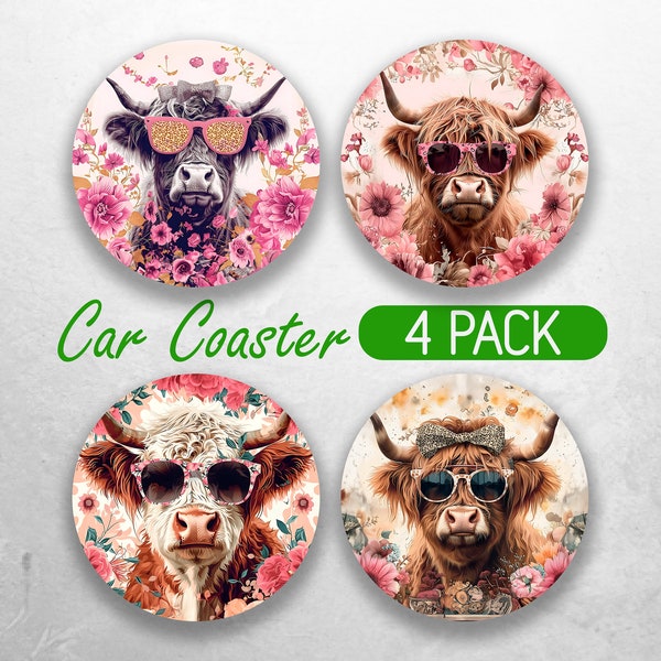 Fun Highland Cow  Car Coaster PNG Flower Cute Cow Car Coaster Sublimation Designs Cheetah Floral Car Coaster Designs Car Coasters Bundle