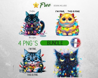 Im Fine This is Fine PNG Bundle, Cat Christmas Lights PNG, Funny Digital Download, Black Cat Sublimation Design, Cute Christmas Shirt DTF