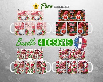 Valentine Gnome Mug Wrap Bundle Valentines Day Mug PNG Design Cute Gnome Full Mug Wrap | 11oz and 15oz Mug Sublimation
