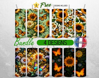 Sunflower and Butterfly Tumbler Wrap 20oz Bundle Spring Flowers Tumbler PNG 20oz  Butterflies Sunflower Sublimation Design Seamless