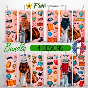 Seamless Traveling Girl Tumbler Wrap Bundle Girly Travel 20oz Tumbler PNG Summer Vacation Tumbler Design 20oz Skinny Tumbler Sublimation PNG