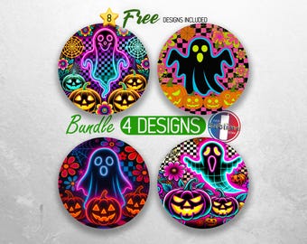 Trendy Neon Floral Retro Ghost Car Coaster PNG Bundle Spooky Boo Ghost Coaster Sublimation Designs Halloween Vibes Car Coaster Designs