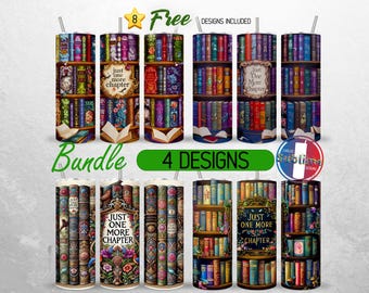 May include: A set of four 20 ounce stainless steel tumblers with a book stack design. The tumblers feature a variety of colors and patterns, including a floral design, a book stack design, and a design with the text "Just One More Chapter".