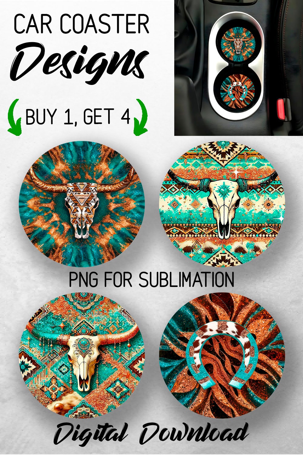 Country Western Car Coaster PNG Bundle Boho Cow Skull Coaster Png ...