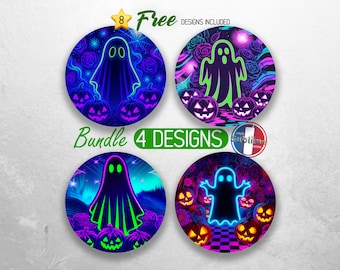 Trendy Neon Floral Retro Ghost Car Coaster PNG Bundle Spooky Boo Ghost Coaster Sublimation Designs Halloween Vibes Car Coaster Designs