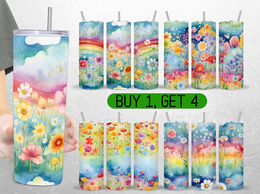 Seamless Tumbler Wrap Watercolor Rainbow Flowers Tumbler Wrap Floral ...