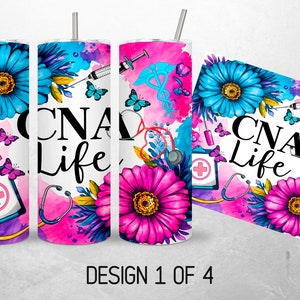 May include: A white tumbler with a pink, blue, and purple floral design. The tumbler features the text "CNA Life" and medical symbols, including a stethoscope, a clipboard with a red cross, and a caduceus.