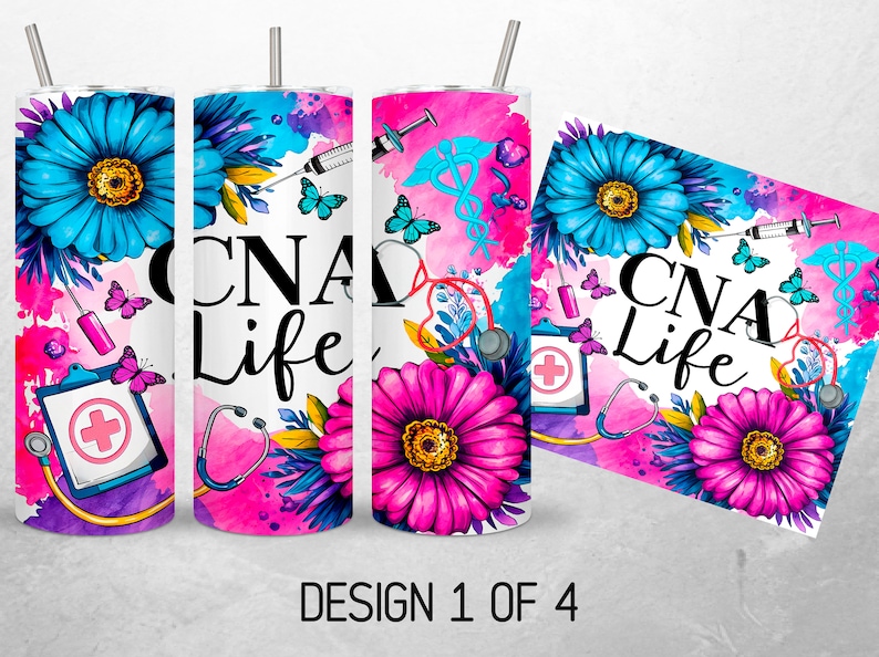 May include: A white tumbler with a pink, blue, and purple floral design. The tumbler features the text "CNA Life" and medical symbols, including a stethoscope, a clipboard with a red cross, and a caduceus.