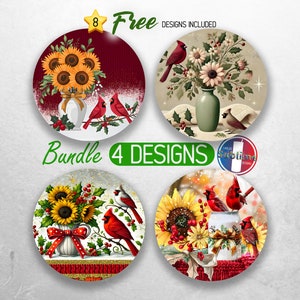 Red Cardinals Car Coaster PNG Bundle Christmas Cardinals Coaster Png Sublimation Sonnenblumen Runde Untersetzer PNG Vögel Untersetzer Designs