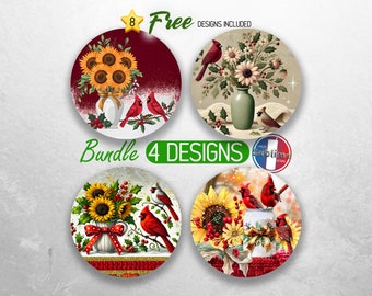 Red Cardinals Car Coaster PNG Bundle Christmas Cardinals Coaster Png Sublimation Sunflowers Round Coasters PNG Birds Coasters Designs