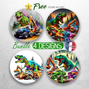 Può includere: Quattro disegni rotondi colorati che presentano un dinosauro verde con un escavatore giallo brillante in un ambiente boschivo. I disegni sono perfetti per creare bicchieri personalizzati, tazze o altri lavoretti fai-da-te.