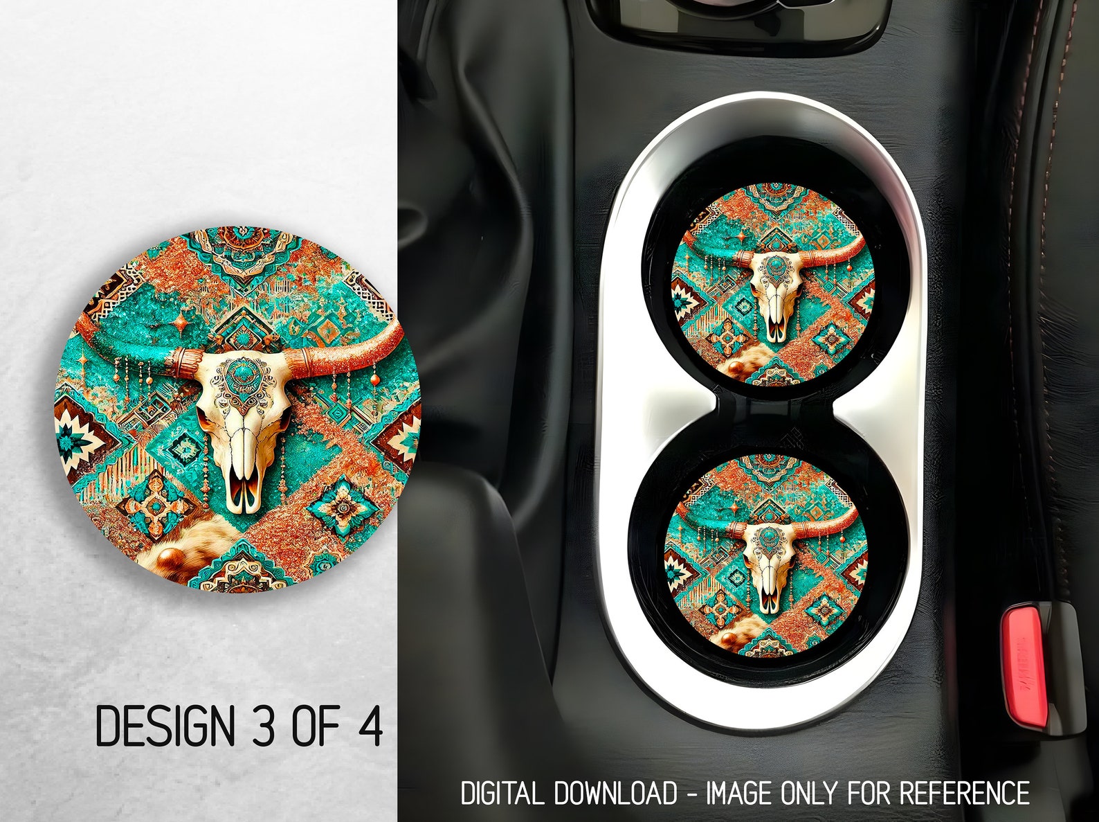 Country Western Car Coaster PNG Bundle Boho Cow Skull Coaster Png ...