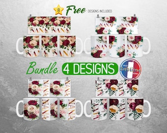 Nana Muttertag Mug Wrap Bundle Oma Floral Nana Mug PNG Design Rosen Blumen Full Mug Wrap | 11 Unzen und 15 Unzen Becher Sublimation