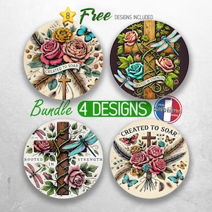 Beautiful Christian Car Coaster PNG Bundle Rooted in Christ Coaster Png Sublimation Religious Round Coasters PNG Floral Cross Designs