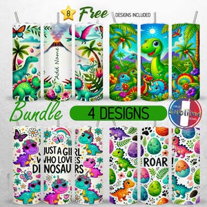 Kids Dinosaurs Tumbler Wrap 20oz Bundle Just a Girl Who Loves Dinosaurs Tumbler PNG 20oz Add Name Dino Seamless Sublimation Design